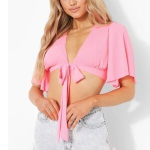 Barbie Pink Angel Sleeve Tie Front Crop Top Size 8 Y2K